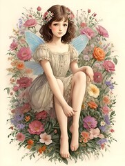 Obraz na płótnie Canvas A beautiful fairy sitting in the middle of beautiful colorful flowers, beautiful vintage style art.