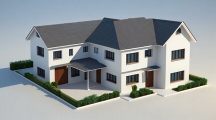 Modern white two-story detached house with dark gray roof and green hedges, 3D rendered architectural model for real estate and construction projects