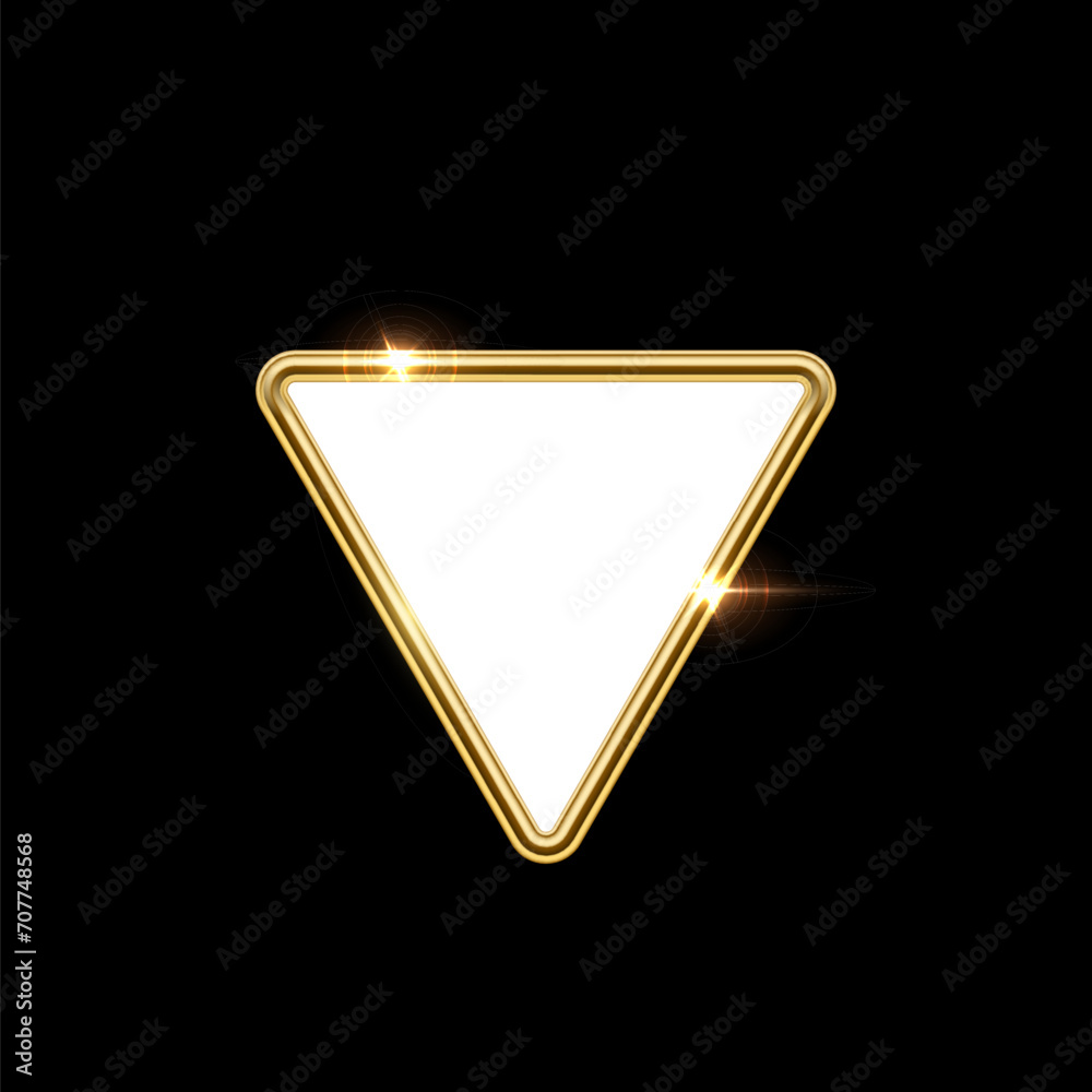 Poster 3d plate button of triangle shape with golden frame vector illustration. realistic isolated website 