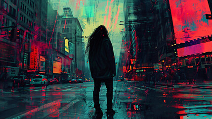 Man with long hair standing in city with graphic