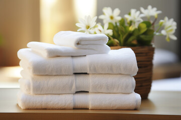 Obraz na płótnie Canvas A stack of fluffy white towels neatly folded, conveying a sense of freshness and cleanliness, creating a serene spa-like atmosphere.