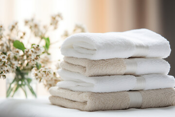 Fototapeta na wymiar A stack of fluffy white towels neatly folded, conveying a sense of freshness and cleanliness, creating a serene spa-like atmosphere.