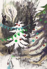 Winter tale, hare in the forest, mixed media