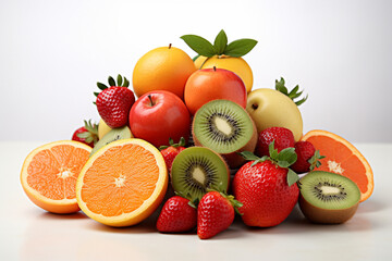 An assortment of vibrant and fresh fruits, including oranges, strawberries, and kiwis, arranged artfully on a clean white surface.