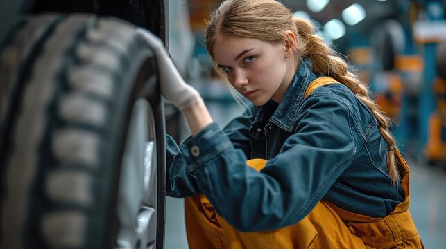 Mechanic woman Checking Car Tire Condition. Generative AI.