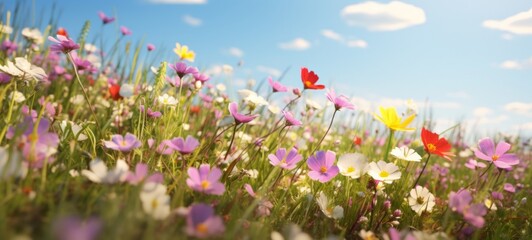 Flowers background, landscape panorama - Garden wild field of beautiful blooming spring or summer flowers on meadow, with sunshine and blue sky