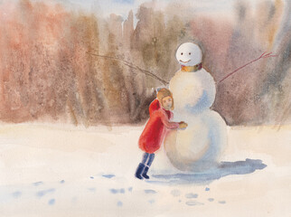 Girl hugging a snowman - 707748989