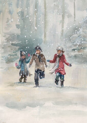 children enjoying the snowfall - 707749137