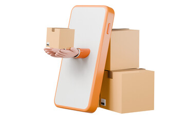 3d Courier delivers a parcel handholding phone delivery transportation logistics concept isolated on orange background.r Online Shop with delivery concept. Minimal Cartoon icon design. 3d rendering