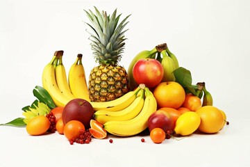  Variety of fresh tropical fruit on exotic yellow isolated on a white background