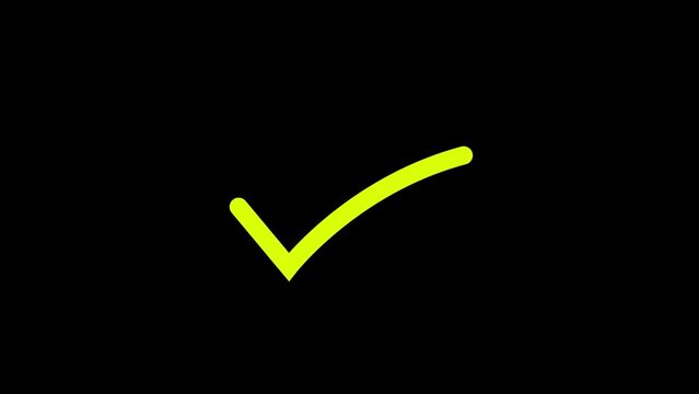 Yellow tick doodle, hand drawn check mark animation on a black background. checkbox or check mark animation. Animated Check mark icon. OK check mark symbol.