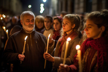 people in procession with candles during the celebration of Candelar day - obrazy, fototapety, plakaty