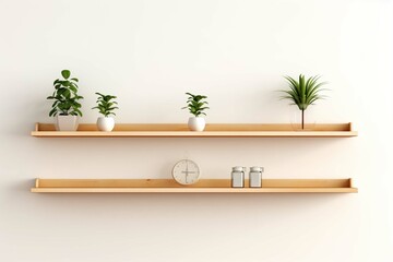 Wooden shelves with beautiful plants and calendar on light wall isolated on a white background