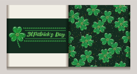 St Patricks day seamless pattern, label with bead strings. clover, trefoil, lucky 4 leaves shamrock on textured dark background. Vintage illustration for prints, textile, surface design