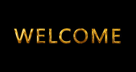 Welcome typography text animation in golden metallic form black bg. Glossy greeting invitation artistic luxury opening welcome motion graphic. Welcome message title lettering. - obrazy, fototapety, plakaty