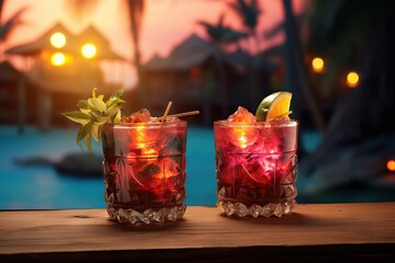 Obraz na płótnie Canvas Two exotic hawaii cocktails in rays of sun on blurred tropical background. Long drink or summer cold mocktail. Fresh summer cold alcohol drinks. romantic date or honeymoon in hotel. Travel concept