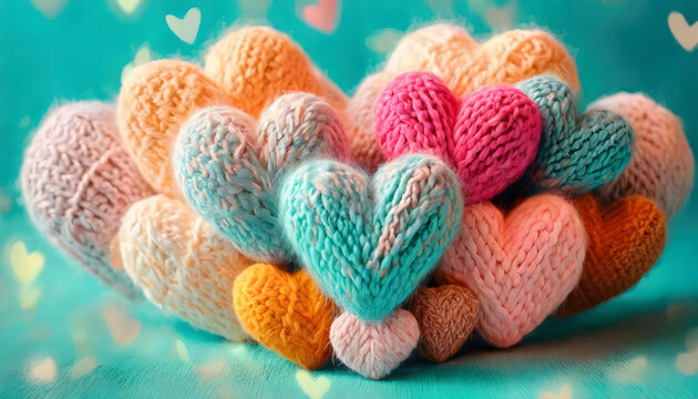 strick, herzen, wolle, close up, viele, hintergrund, valentinstag, muttertag, geburtstag, konzept, copy space, neu, pastell, s&uuml;ss, viele, liebe, karte