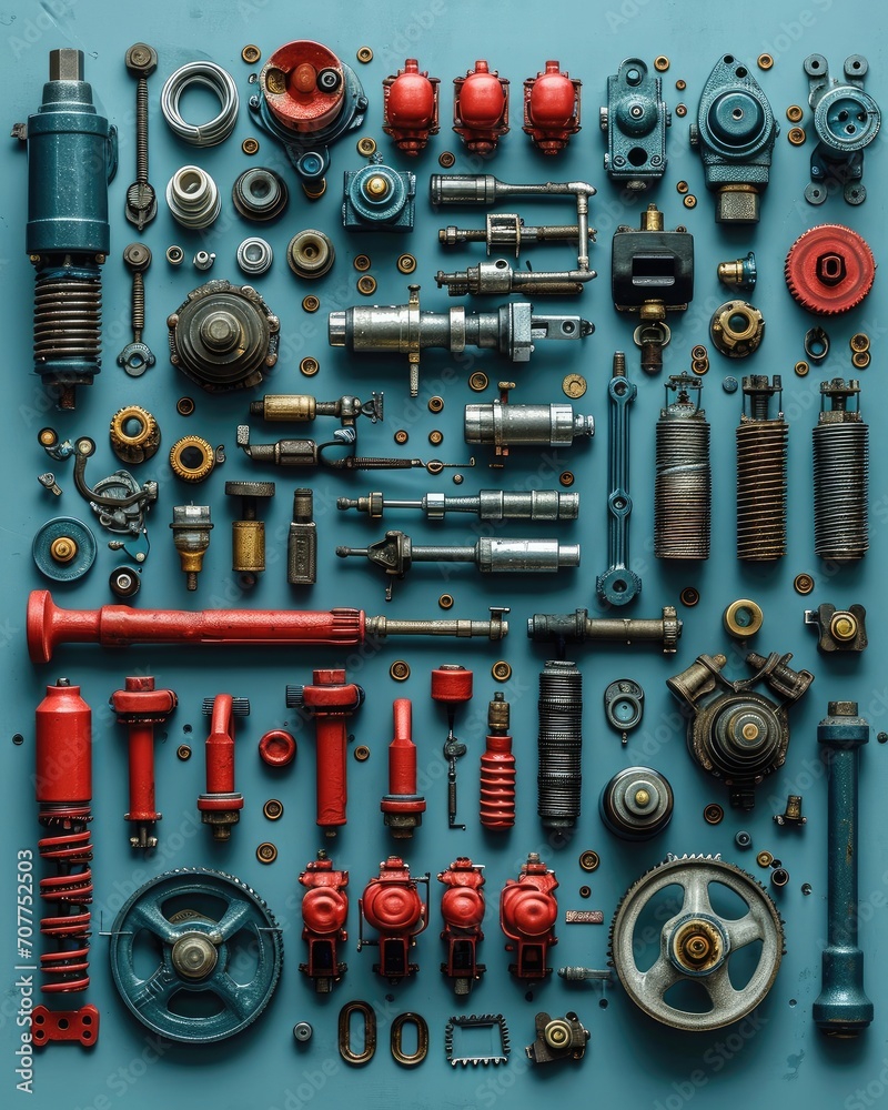 Poster car mechanic in the style of knolling. generative ai.