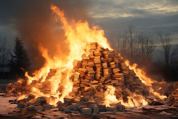 Burning books. A large pile of books burns on fire in nature