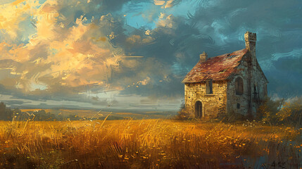 Old building in a field landscape painting