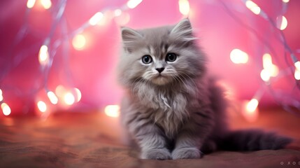 Greeting card with a cat for Valentines Day. A charming cute grey fluffy kitten on a pink background with a garland.