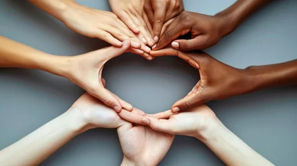 Foto op Plexiglas Very big copy space, Symbolic representation of unity and diversity, It shows the hands of several individuals forming a heart shape against a plain. Generative AI. © visoot