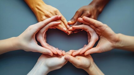 Very big copy space, Symbolic representation of unity and diversity, It shows the hands of several individuals forming a heart shape against a plain. Generative AI.
