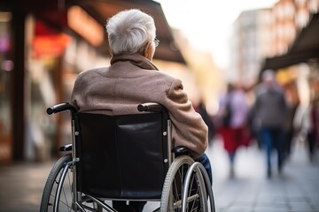 Obraz premium Old sick man in a wheelchair on a city street