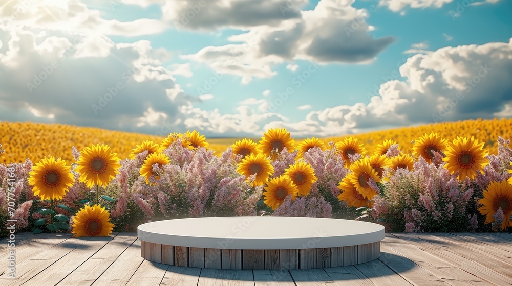 Aufkleber platform and natural podium backdrop with sunflower field, cloud and sky background for product disp