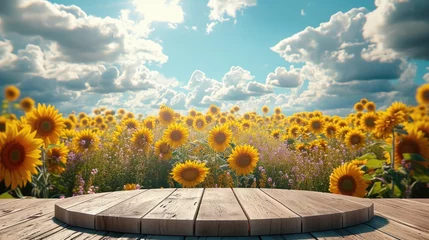 Foto op Plexiglas Platform and Natural podium backdrop with sunflower field, Cloud and sky background for product display. Generative AI. © visoot