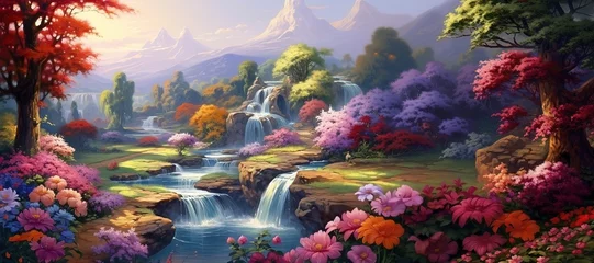 Foto op Canvas Picturesque summer landscape with waterfalls on the river, flowers on the river bank against the background of remote mountains, paradise © Volodymyr