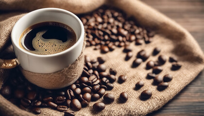 Obraz premium Perfezione in Tazza- Espresso e Chicchi di Caffè in un Armonioso Scenari