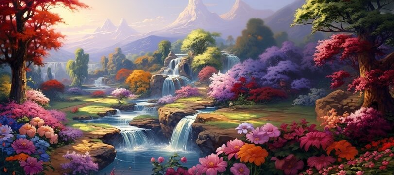 Picturesque summer landscape with waterfalls on the river, flowers on the river bank against the background of remote mountains, paradise