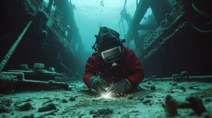 underwater welder repairs the bottom of a ship or an underwater oil platform, close up - obrazy, fototapety, plakaty