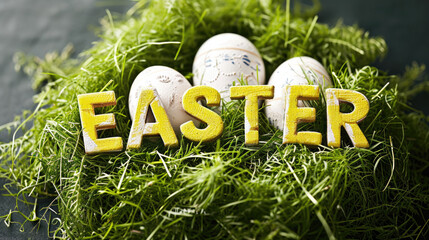 Word Easter with white eggs on green fresh grass. Yellow letters Easter word. Green lawn with eggs and word Easter to celebrate religious holiday. Card, banner
