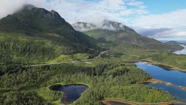 Nature Landscape and Scenic Road in Lofoten Islands, Norway - Aerial 4k