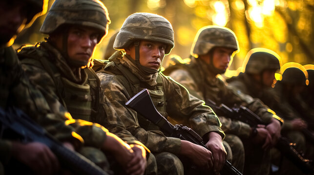 Soldiers in full combat gear while resting between training sessions