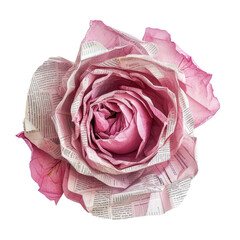 Rose made of newspaper, texture collage, isolated on white background or transparent background.