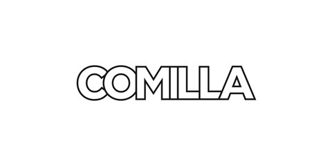 Comilla in the Bangladesh emblem. The design features a geometric style, vector illustration with bold typography in a modern font. The graphic slogan lettering.