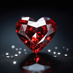 close up of a beautiful red heart shaped diamond placed on a shiny black background. ai generative
