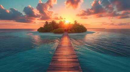 Beautiful tropical island at sunset. Generative AI.