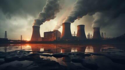 Cooling towers of a nuclear power plant in the evening in the dark against the background of dark clouds at sunset. Production of electric and thermal energy. Power generation.