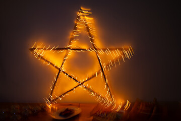 Blurred Lights on Star-shaped Decoration. A captivating display of a star-shaped figure adorned...
