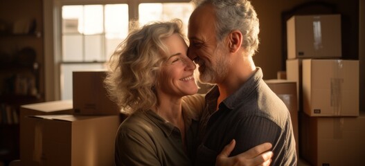 Loving mature couple enjoying new home together. Relationship and relocation.