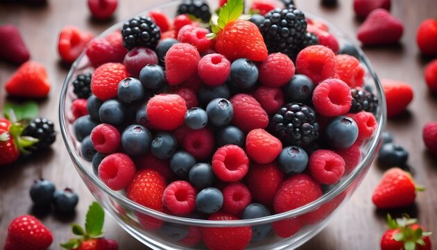 Luscious berries artfully arranged in a glass bowl