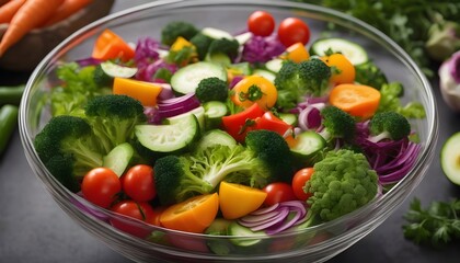 Transparent bowl brimming with vibrant vegetable medley