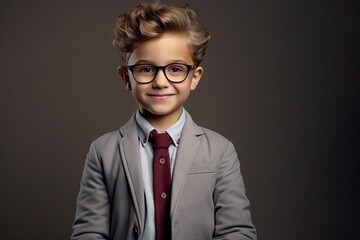 Portrait of a handsome schoolboy in glasses and a gray suit. Studio shot. - Powered by Adobe