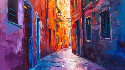 Painting of narrow alleyway in old town