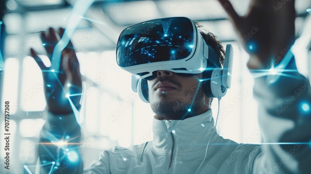 Leinwandbilder young men in futuristic goggles interacting with virtual reality while exploring cyberspace in brigh