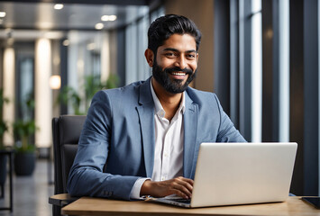 arabic businessman with beard working on laptop computer